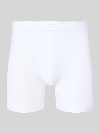 Produktfoto, obcisłe bokserki Trunks mit elastischem Bund und Label-Patch von Mey, mieszanka modalu z dodatkiem streczu, dopasowany krój, biały kolor, gładka faktura, elastyczny pas, naszywka z logo