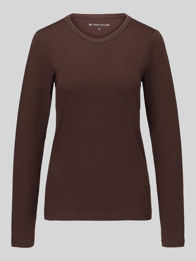 Produktfoto, dunkelbraunes Regular Fit Langarmshirt aus reiner Baumwolle von Tom Tailor, glatte Textur, Damen Langarmshirt von Tom Tailor