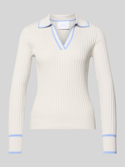 Produktfoto, Strickpullover mit V-Ausschnitt von KARO KAUER EXKLUSIV, kremowy, bawełna, slim fit, niebieskie detale, prążkowana faktura