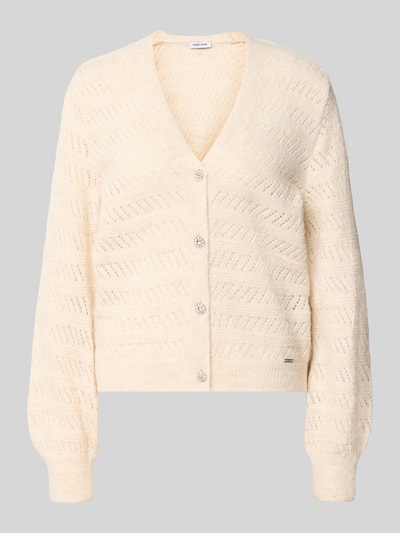 Productfoto, Strickjacke mit V-Ausschnitt und Knopfleiste van MORE & MORE in crème, regular fit, zachte gebreide textuur, labeldetail