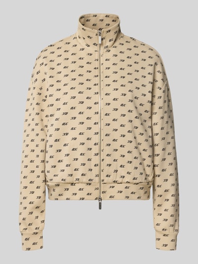 Produktfoto, Sweatjacke mit Reißverschluss von Armani Exchange in Beige mit schwarzem Allover-Label-Print, lockere Passform, Baumwoll-Mix, elastische Abschlüsse.