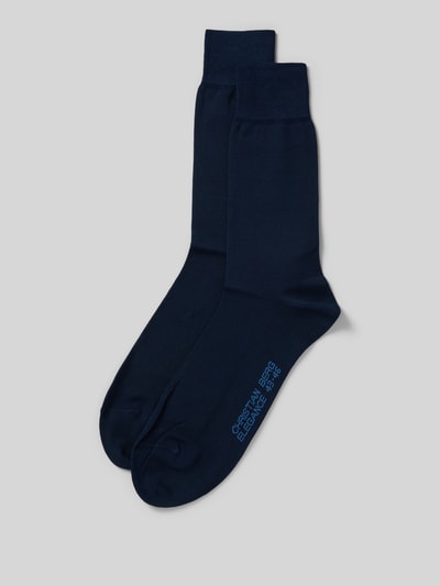 Produktfoto, Socken met label-print in 2-pack van Christian Berg Men, donkerblauw, katoenmix, geribbelde boord, strakke pasvorm.