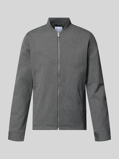 Produktfoto, Regular Fit Sweatjacke mit Stehkragen von Lindbergh, elastyczna mieszanka materiałów, zamek błyskawiczny, wpuszczane kieszenie, kolor szary, gładka tekstura, długość tyłu w rozmiarze M: 69 cm, długość rękawów w rozmiarze M: 66 cm