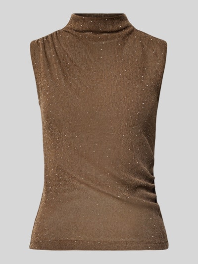 Produktfoto, Semitransparentes Top mit Stehkragen und Raffungen von Luisa Cerano in Braun mit feiner Glitzeroptik, Slim Fit, glatte Textur