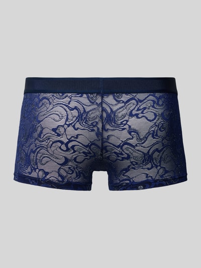 Produktfoto, Slim Fit Trunks mit Logo-Detail von HOM, semitransparentes Design in Blau mit floralen Mustern, elastischer Material-Mix