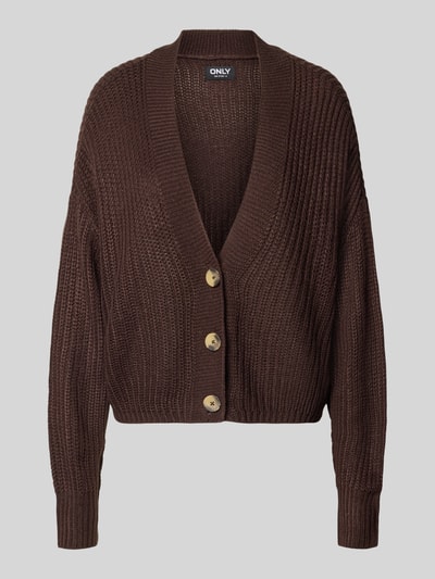 Productfoto, donkerbruin gebreid jack met v-hals, grof ribbelpatroon, boxy fit, model 'CAROL' van ONLY, Dames Strickjacke.