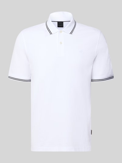 Produktfoto, Slim Fit Poloshirt mit Label-Stitching von bugatti in Weiß, reine Baumwolle, Polokragen, Knopfleiste, Modell 'Käntchen'