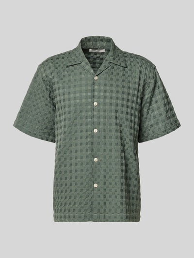 Produktfoto, Relaxed Fit Freizeithemd aus reiner Baumwolle Modell 'MONTY' von SELECTED HOMME in strukturierter Jacquard-Optik, uni, Resortkragen, kurzarm.