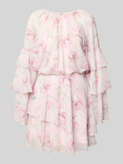 Produktfoto, Minikleid mit Volantärmeln Modell 'MAHLIIA' von Ted Baker aus Chiffon, krój slim fit, różowy wzór kwiatowy, okrągły dekolt, falbaniaste rękawy, falbaniasty dół, z tyłu zapięcie na guzik i zamek, długość pleców w rozmiarze 36: 39 cm, szerokość w rozmiarze 36: 44 cm, długość rękawa w rozmiarze 36: 46 cm