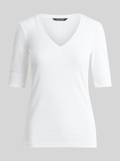 Produktfoto, Slim Fit T-Shirt aus Baumwoll-Mix Modell 'JUDY' von Lauren Ralph Lauren, biały, krój slim fit, V-neck, krótki rękaw, gładka struktura
