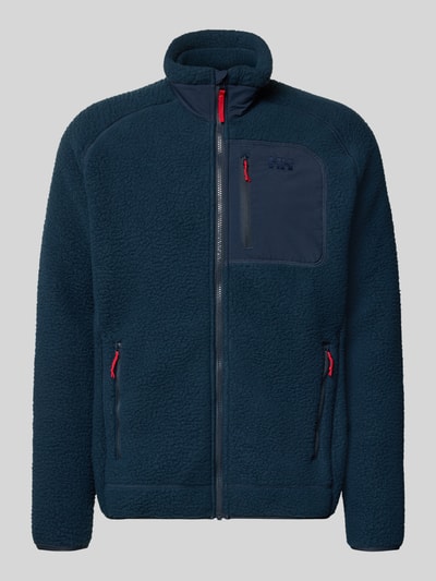 Produktfoto, Fleecejacke mit Stehkragen von Helly Hansen in Dunkelblau, lockere Passform, mehrere Taschen, weiche Struktur