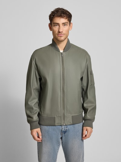 BOSS Orange Regular Fit Lederjacke im College-Stil Modell 'JAKRI' Oliv 4