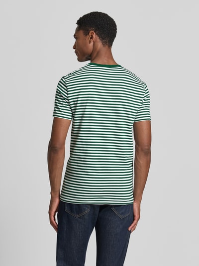 Männermodel trägt Regular Fit T-Shirt aus reiner Baumwolle von Polo Ralph Lauren, grün-weiß gestreift, glatte Textur, Ganzkörperansicht Rückansicht.