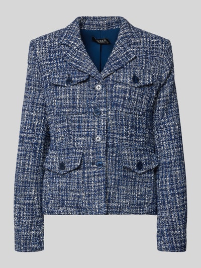 Produktfoto, Regular Fit Kurzblazer aus Baumwoll-Mix von Lauren Ralph Lauren in blau-weißer Melange-Optik, Bouclé-Struktur, aufgesetzte Taschen, einreihige Knopfleiste