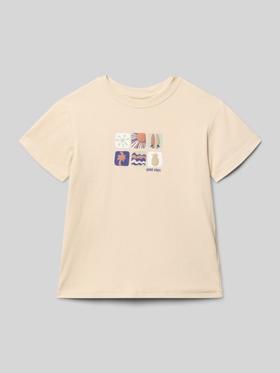 Produktfoto, Regular Fit T-Shirt mit Motiv-Print von Blue Seven, Kinder T-Shirt aus Reine Baumwolle in Beige mit buntem Motiv-Print, Rundhalsausschnitt, Rückenlänge bei Größe 116: 42 cm, glatte Struktur und gerade Form.