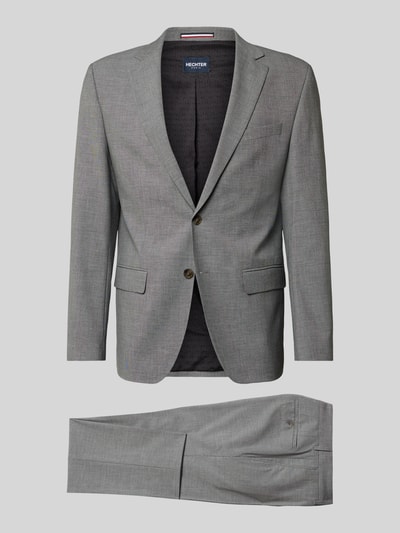 Produktfoto, Regular Fit Anzugjacke mit Viskose-Anteil von HECHTER PARIS in Grau, Elastischer-Material-Mix, Reverskragen, Brusttasche, Doppelknopfleiste, Bundweite 44 cm, Rückenlänge 74 cm, Schulterbreite 45 cm, Ärmellänge 64 cm, Innenbeinlänge 82 cm.