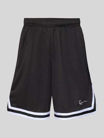 Produktfoto, Relaxed Fit Shorts mit Logo-Stitching von KARL KANI, schwarze Mesh-Optik, weißer Abschluss, elastischer Bund, Herren Shorts, Bundweite 36 cm, Innenbeinlänge 21 cm, Größe M