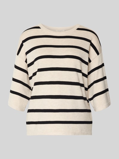 Produktfoto, Strickshirt aus Viskose-Mix Modell 'Conny' von FREE/QUENT, Damen Relaxed-Fit, schwarz-beige gestreift, Rundhalsausschnitt, 3/4-Arm, Rückenlänge 57 cm, Ärmellänge 26 cm, weiche Oberfläche, klare Streifenform.