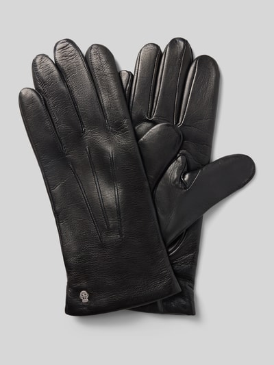 Produktfoto, schwarze Lederhandschuhe aus echtem Leder Modell 'Dover' von Roeckl mit Kaschmir-Mix-Futter, drei Aufnähte, metallic Label-Detail.