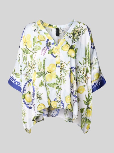Productfoto, Relaxed Fit Bluse aus Viskose mit V-Ausschnitt van Marc Cain, witte stof met citroen en bladeren all-over, pure viscose, relaxed fit, all-over look, V-hals, ruglengte maat 38: 55 cm, mouwlengte maat 38: 11 cm