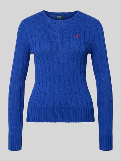 Produktfoto, Strickpullover mit Zopfmuster Modell 'JULIANNA' von Polo Ralph Lauren aus reiner Baumwolle in Blau, Slim Fit, Rundhalsausschnitt, Label-Stitching, Sicht von vorne
