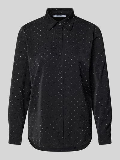 Produktfoto, Regular fit dames blouse met siersteentjes, model 'Il44lenia' van ZABAIONE, overhemdkraag, knoopsluiting, zwarte stof, ruglengte maat S 69 cm, mouwlengte maat S 60 cm.