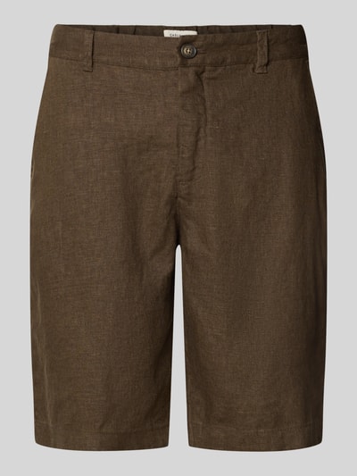 Produktfoto, Leinen Shorts mit Eingrifftaschen Modell 'PANDRUP' von Casual Friday in Braun, Straight Fit, reine Leinenstruktur, Knopf- und Reißverschluss, seitliche Eingrifftaschen, Gesäßleistentaschen, Bundweite 44 cm, Innenbeinlänge 23 cm, Größe M.