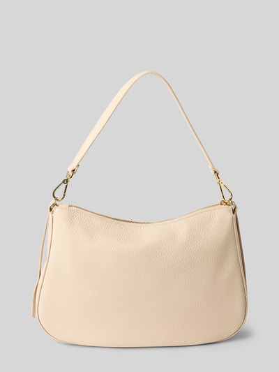Produktfoto, Handtasche mit Label-Detail Modell 'NORY' von Coccinelle in hellem Beige, genarbte Textur, goldfarbene Details, Hauptfach mit Reißverschluss, abnehmbarer Tragehenkel, Innenfach mit Reißverschluss, Maße: Breite 28 cm, Länge 26 cm, Tiefe 9 cm, Schulterriemen 109 cm.