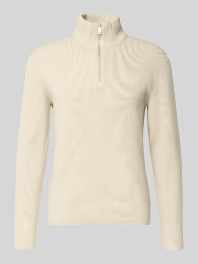 Produktfoto, cremefarbener Strickpullover mit Stehkragen und Reißverschluss von Lindbergh, Ripp-Optik, Baumwoll-Mix, Regular Fit