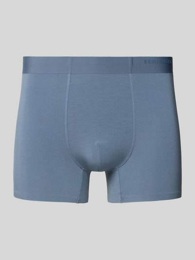 Produktfoto, Trunks mit elastischem Bund und Label-Detail von Schiesser in Blau, glatte Textur, körpernahe Passform, Micromodal-Elasthan-Mix.