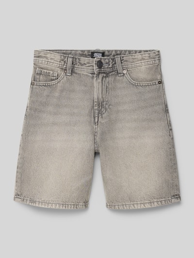 Produktfoto, Loose Fit Jeansshorts mit Eingrifftaschen Modell 'TONY' von Jack & Jones, Kinder Jeansshorts aus reiner Baumwolle, meliertes Grau, sichtbare Waschung, Struktur weich, Bundweite 35 cm, Innenbeinlänge 16 cm, Größe 140