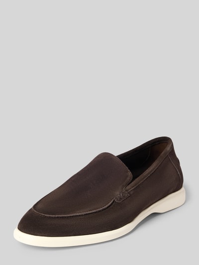 Produktfoto, Loafers aus Leder Modell 'STRIDE FLEX' von Lloyd in Dunkelbraun mit abgerundete Spitze, Schlupfform, Echtleder, 2 cm Absatzhöhe, 7 cm Schafthöhe, 12 cm Schaftweite, glatte Oberfläche vor grauem Hintergrund