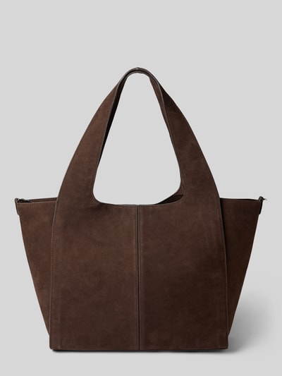 Produktfoto, Tote Bag aus Leder-Mix Modell 'Ramona' von MANGO in Dunkelbraun, rechteckige Form, samtige Textur, Maße 54x33x14 cm, Schulterriemen 62 cm, Hauptfach mit Magnetverschluss.
