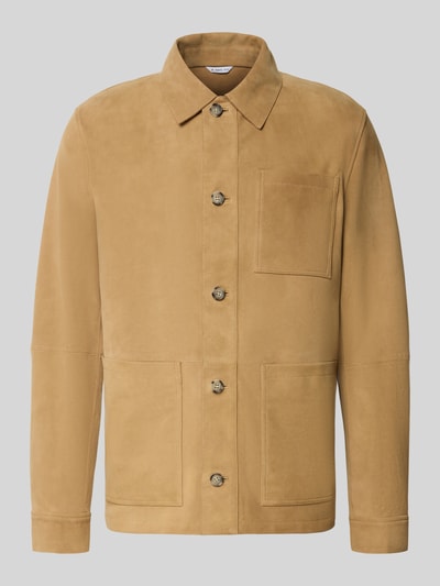 Produktfoto, Lederjacke mit Knopfleiste und aufgesetzten Taschen van Manuel Ritz, heren schapenleer, regular fit, platte kraag, knoopsluiting, opgestikte zakken, camel kleur, gladde textuur