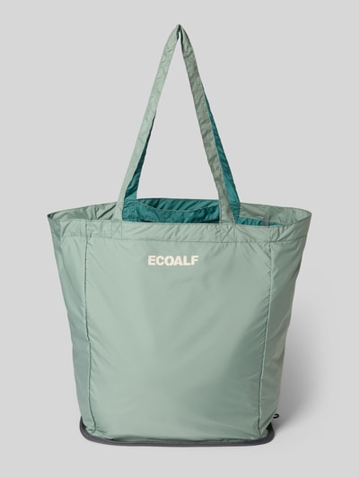 Produktfoto, Shopper mit Statement-Print Modell 'PACHO' von ECOALF in Mintgrün, glatte Struktur, offenes Hauptfach, Tragehenkel, Maße 31 cm Breite, 38 cm Länge, 22 cm Tiefe, 64 cm Schulterriemen.
