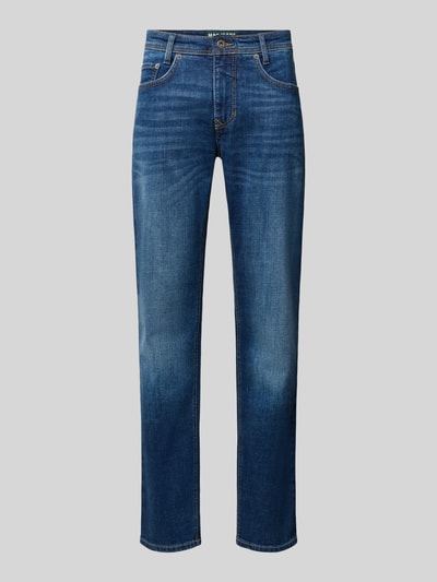 Produktfoto, blauwe straight jeans met lichte wassing, rechte pijpen, stevige textuur, Straight Fit Jeans aus Baumwoll-Mix Modell 'ARNE' van MAC, heren straight jeans van MAC