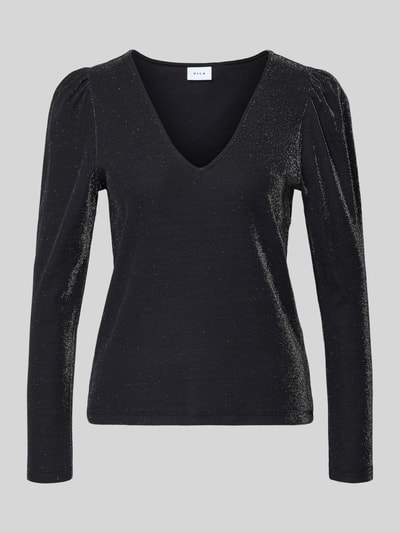 Produktfoto, schwarzes Longsleeve mit V-Ausschnitt Modell 'ELEINAS' von Vila mit Glitter-Effekt, Material-Mix mit Stretch-Anteil, lockerer Schnitt.
