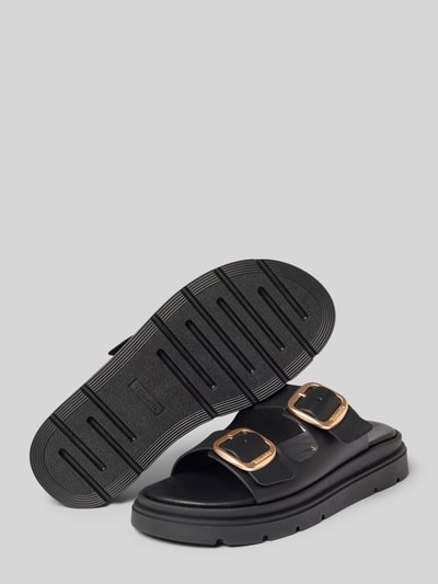 Produktfoto, Wedges aus echtem Leder von Tamaris, unifarben schwarz, offene Form, Keilabsatz, profilierte Sohle, goldene Dornschließen