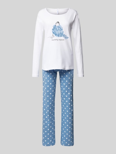 LOUIS & LOUISA Pyjama met motief- en statementprint, model 'Meine Wohlfühlzeit' Blauw - 1