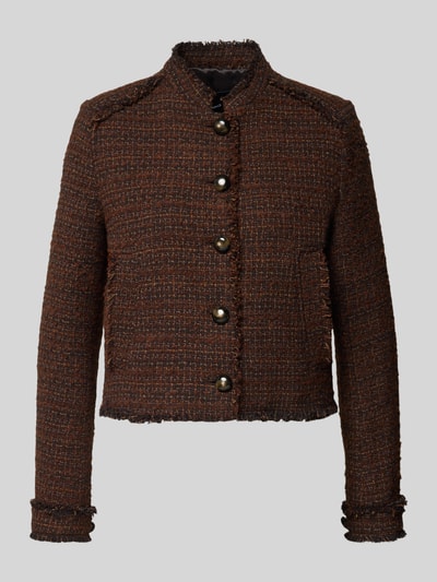 Produktfoto, Blazer mit Knopfleiste von Mango aus braunem Baumwoll-Woll-Mix, Regular-Fit, Stehkragen, Eingrifftaschen, Ausfransungen