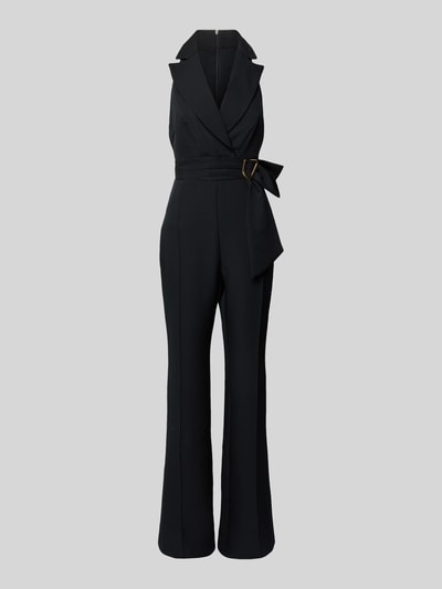 Produktfoto, zwarte Regular Fit Jumpsuit met reverskraag van Rinascimento, mouwloos, V-hals, siersteek, taillering, soepel materiaal