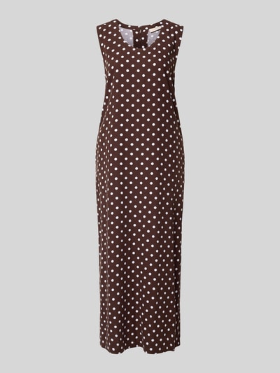 Produktfoto, Midikleid aus Viskose-Mix mit Eingrifftaschen Modell 'Lavisco' von FREE/QUENT in Braun mit weißen Punkten, Straight Fit, strukturierte Stoffoberfläche, Rundhalsausschnitt, Keyhole-Ausschnitt hinten, leinenähnliche Textur, für Damen