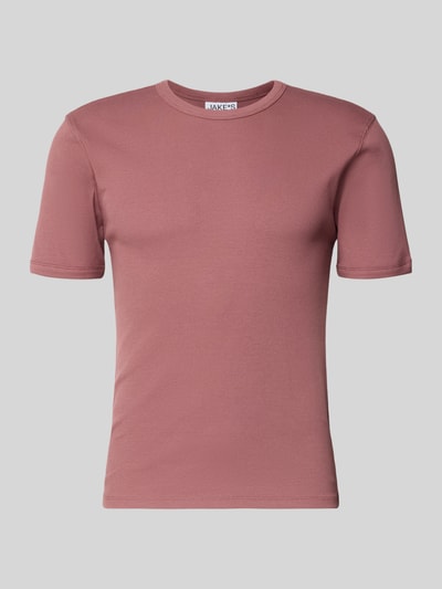Produktfoto, T-Shirt in Ripp-Optik mit Rundhalsausschnitt von Jake*s, mieszanka bawełny i elastanu, krój slim fit, długość tyłu w rozmiarze M: 56 cm, męski t-shirt, kolor matowy różowy, gładka faktura