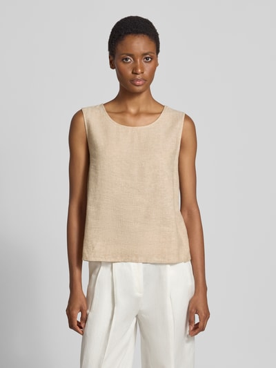 Frauenmodel trägt Top aus Leinen-Mix mit Rundhalsausschnitt Modell 'Lava' von FREE/QUENT in Beige, Regular Fit, Ganzkörperansicht von vorne.