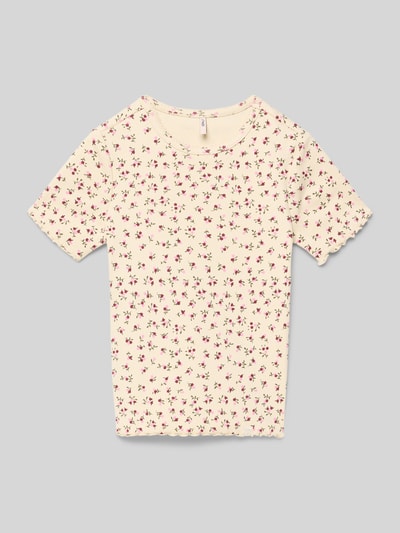 Produktfoto, Slim Fit T-shirt aus katoenmix model 'TRINNY' von Only voor kinderen, all-over motief, fijnribstructuur, korte mouw, ronde hals, frill mouwboord en rompzoom.