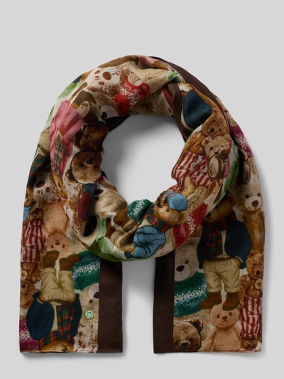 Produktfoto, Schal aus reiner Viskose mit Allover-Motiv-Print von Codello, braune und bunte Farben, rechteckige Form, feine glatte Textur, sichtbares Logo-Detail, Breite 95 cm