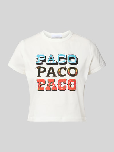 Produktfoto, Regular Fit T-Shirt mit Statement-Print von Rabanne in Weiß, reine Baumwolle, bunte Schrift, Rundhalsausschnitt, kurzärmelig