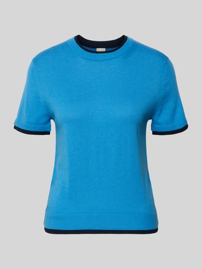 Produktfoto, Strickshirt aus Leinen-Mix in Two-Tone-Machart von Stefanel, niebieski z czarnymi akcentami, krój slim fit, okrągły dekolt, długość pleców w rozmiarze S 54 cm, długość rękawa w rozmiarze S 20 cm, z domieszką kaszmiru