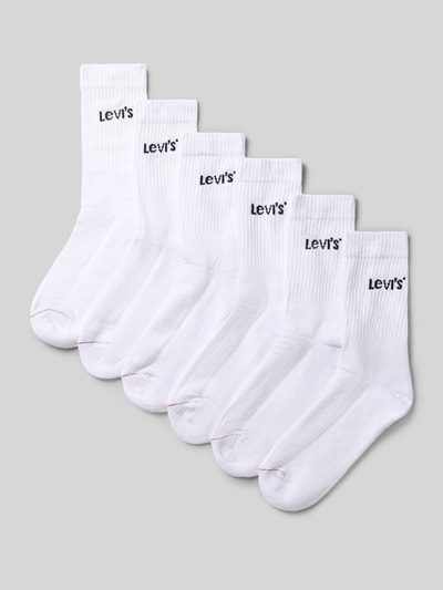 Produktfoto, weiße Socken aus Baumwoll-Mix im 3er-Pack von Levi's® vor grauem Hintergrund, Struktur fein gerippt, Herren Socken
