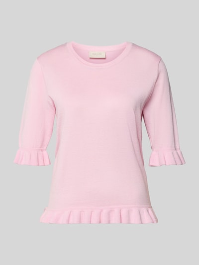 Produktfoto, Regular Fit T-Shirt aus Viskose-Mix Modell 'Katie' von FREE/QUENT, różowy kolor, faktura dzianiny, marszczone wykończenia, damska koszulka z krótkim rękawem, okrągły dekolt, długość tyłu w rozmiarze S: 56 cm, długość rękawa w rozmiarze S: 33 cm